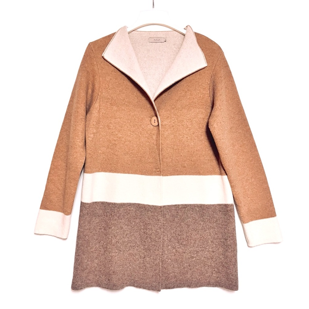 Aida Colorblock Sweater Cardigan Womens SZ S Wool Blend Camel Cozy Fall Italy